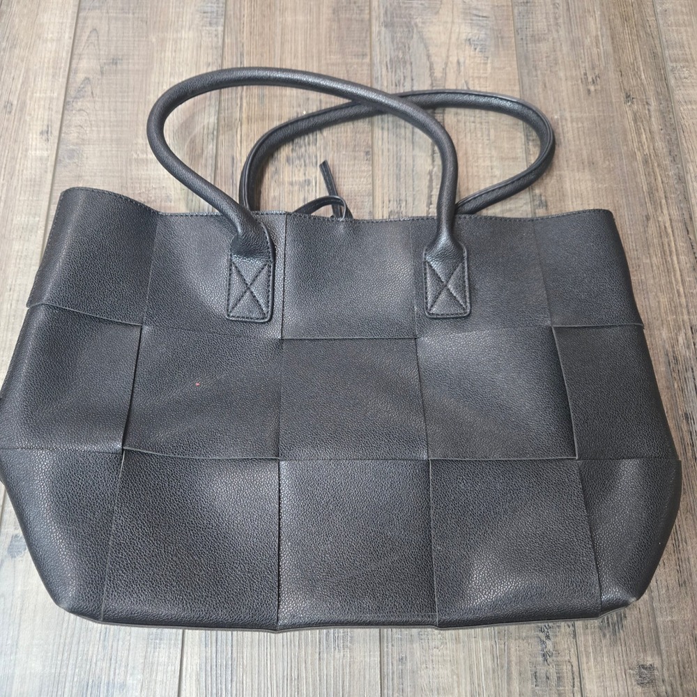 Black Woven Faux Leather Tote Bag Large Pebbled Shoulder Bag Minimalist